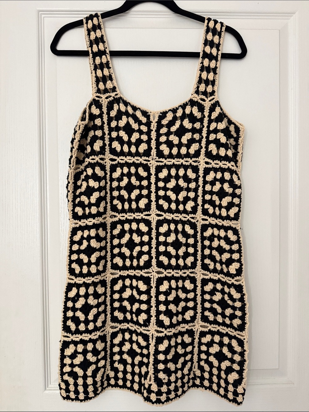 Vici Black & Cream Crochet Square-Motif Mini Dress